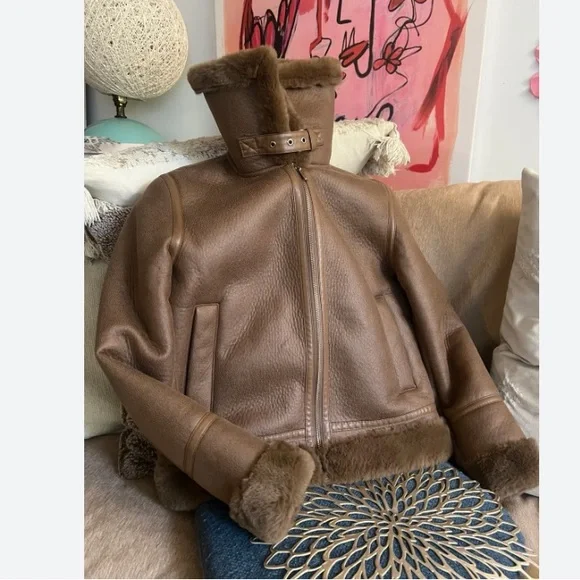 House of Harlow 1960 faux suede fur lined aviator bomber jacket coat XS NWOT - Picture 3 of 10